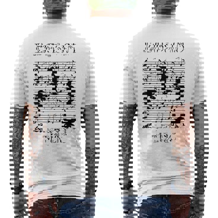 音楽とトカゲ ヤモリ ミュージシャン 爬虫類 メンズTシャツ バックプリント