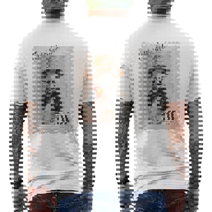 麦わら帽子 りんご パンダ 小さなパンダ 切手風 メンズTシャツ バックプリント