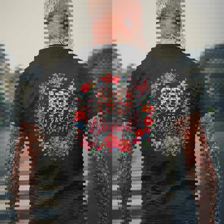 89歳の祝福された89歳のフローラル89歳の誕生日プレゼント メンズTシャツ バックプリント 高齢者への贈り物