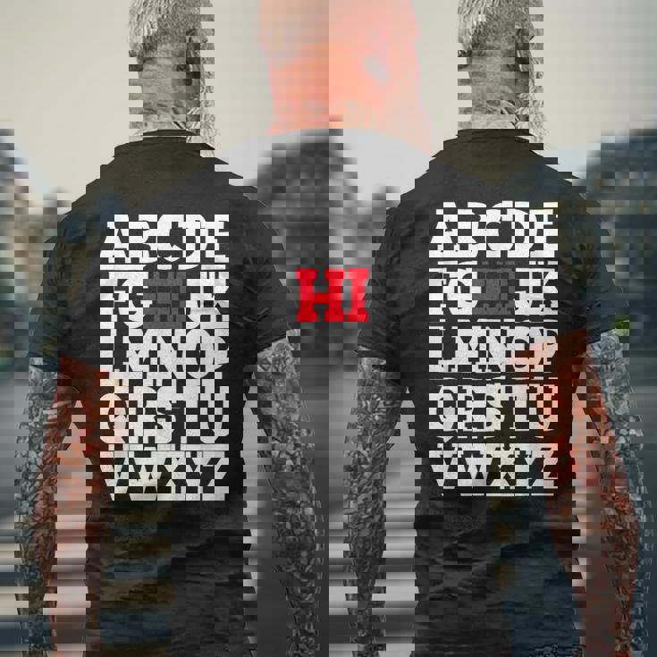 Abcのhiおかしいこんにちはアルファベット学生教師グリーティング メンズTシャツ バックプリント 高齢者への贈り物