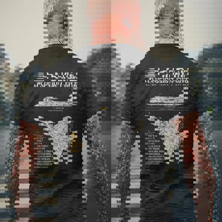 F-15イーグル航空機の設計図ジェット戦闘機データ メンズTシャツ バックプリント 高齢者への贈り物