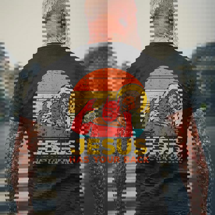 Jesus Has Your Back Jiu Jitsu レトロ クリスチャン メンズ レディース キッズ メンズTシャツ バックプリント 高齢者への贈り物