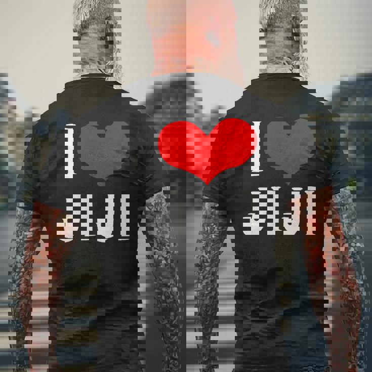 I Love Jiji 愛 ハート じーじ じいじ おじいさん 父の日 家族 家族写真 記念写真 おもしろ かわいい メンズTシャツ バックプリント 高齢者への贈り物