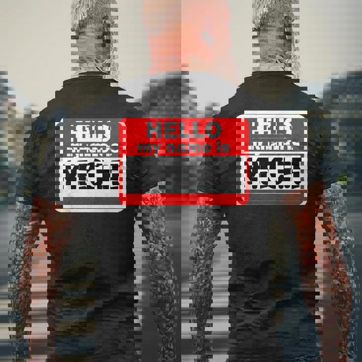 Meche Hello Hi My Name Is ネームオン カスタム メンズTシャツ バックプリント 高齢者への贈り物