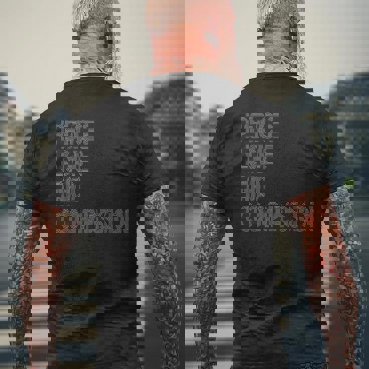 Peace Love And Compassion シャツ インスピレーションを与える引用 レトロ メンズTシャツ バックプリント 高齢者への贈り物