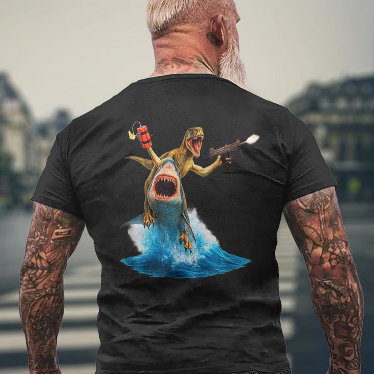 Raptor Riding Shark Dinosaur Meme Art Men's Back Print T-Shirt | Mazezy