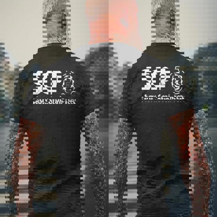 Scpファンデーション-Scp-セキュア・コンテインプロテクト メンズTシャツ バックプリント 高齢者への贈り物