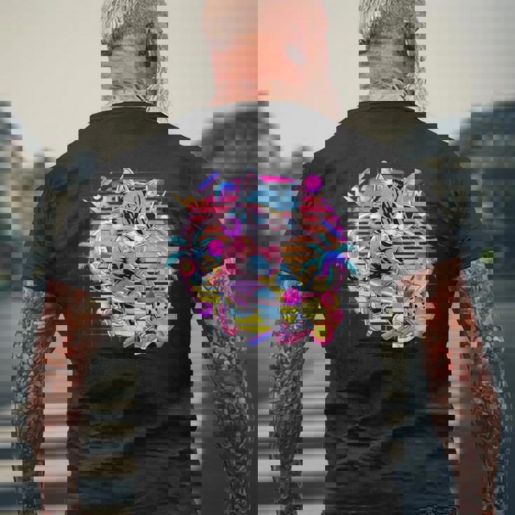 Vaporwave 猫 ピックルボール プレーヤー 80年代 レトロ 美学 メンズTシャツ バックプリント 高齢者への贈り物