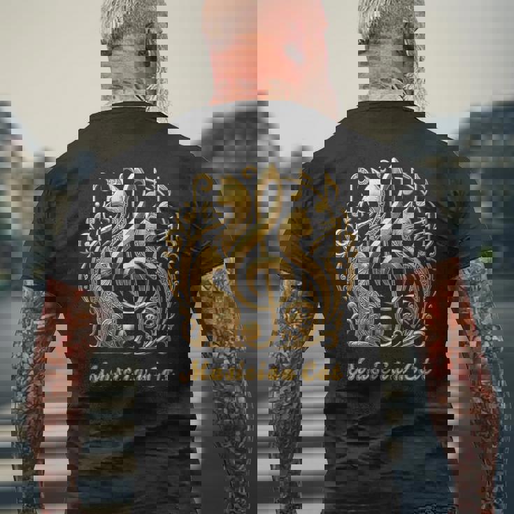 「Musician Cat 」 いつも猫気分 楽器と猫の調べ 音楽記号 猫エンブレム 肉球 メンズTシャツ バックプリント 高齢者への贈り物