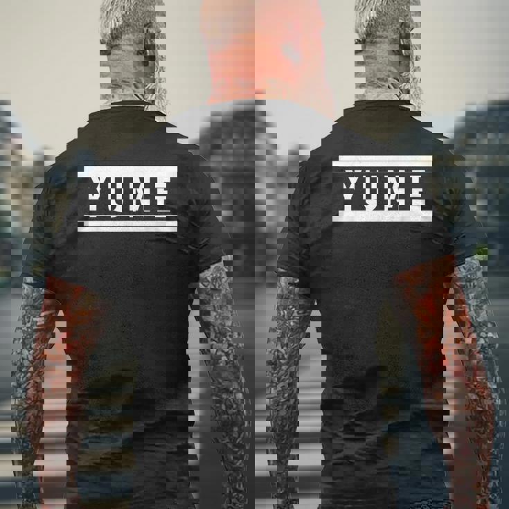 「Yume」ヘボン式「ゆめ」「ユメ」下の名前 ローマ字 名入れ 名乗り ラテン文字 綴り メンズTシャツ バックプリント 高齢者への贈り物