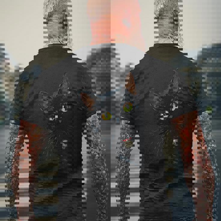 こっそり猫 物陰からじっと見つめる黒猫デザイン メンズTシャツ バックプリント 高齢者への贈り物