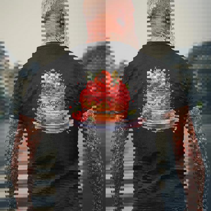 イチゴ サマーベーカリー キッチン パティシエ ストロベリーケーキ メンズTシャツ バックプリント 高齢者への贈り物