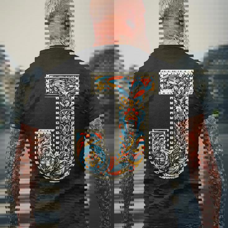 イニシャル 名前 文字 J アルファベット 民芸風 メンズTシャツ バックプリント 高齢者への贈り物