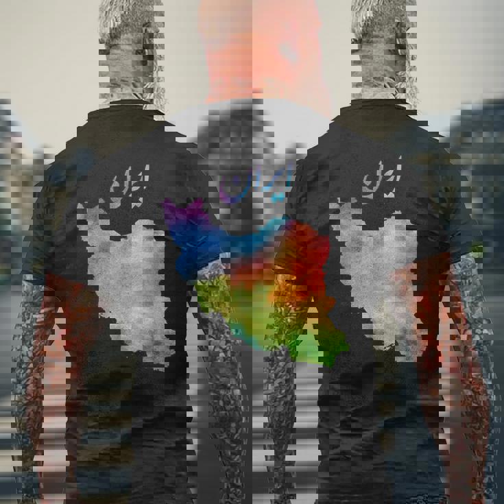 イランの地図 イランのカラフルな地図 水彩イラスト メンズTシャツ バックプリント 高齢者への贈り物