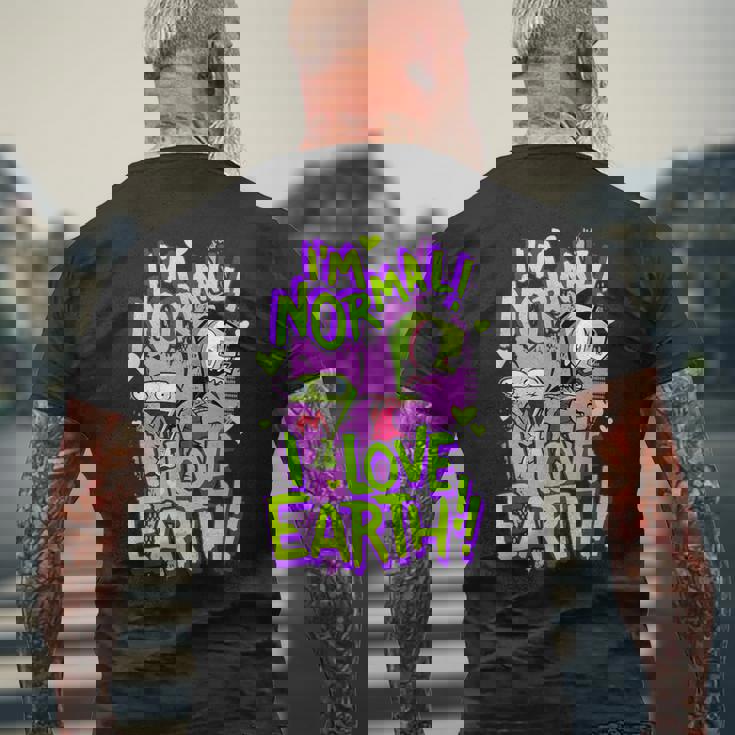 インベーダージムアイムノーマルアイラブアースデイ メンズTシャツ バックプリント 高齢者への贈り物