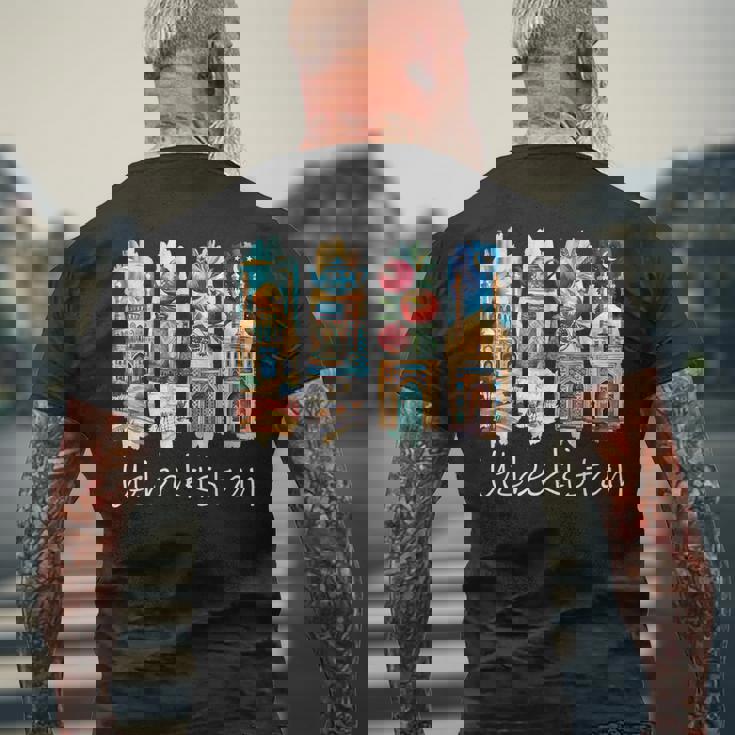 ウズベキスタン 筆文字 ウズベク バカンス お土産 ウズベキスタン メンズTシャツ バックプリント 高齢者への贈り物