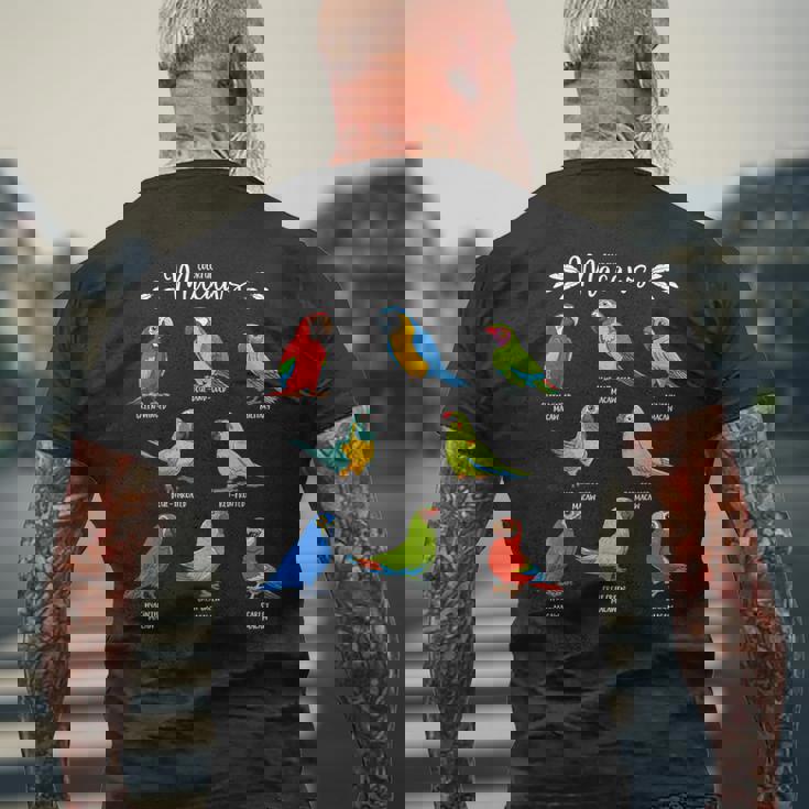 カラフルな8種のインコ コンゴウインコ メンズTシャツ バックプリント 高齢者への贈り物