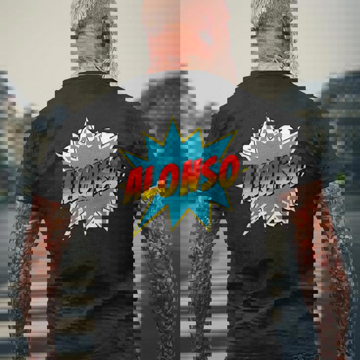 キッズ 男の子 アロンソ 名前 コミック 本 スーパーヒーロー メンズTシャツ バックプリント 高齢者への贈り物