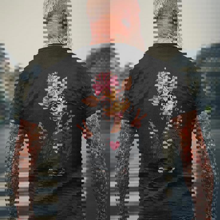 キリンガール ダブルピースサイン ピンク リボン ポップ グラフィック 遊び心のある 長袖tシャツ メンズTシャツ バックプリント 高齢者への贈り物