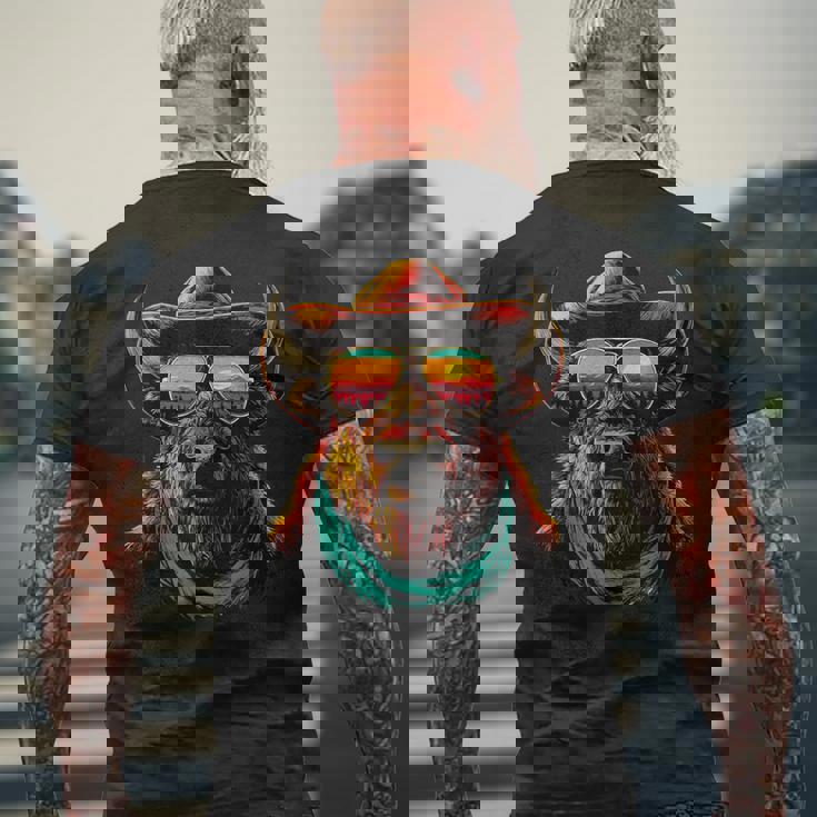 サングラス カラフル バイソン カウボーイ 動物 夕日 ウエスタン メンズTシャツ バックプリント 高齢者への贈り物