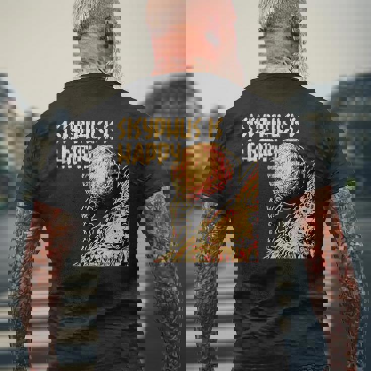 シーシュポス・イズ・ハッピー面白いギリシャ神話ミーム哲学 メンズTシャツ バックプリント 高齢者への贈り物