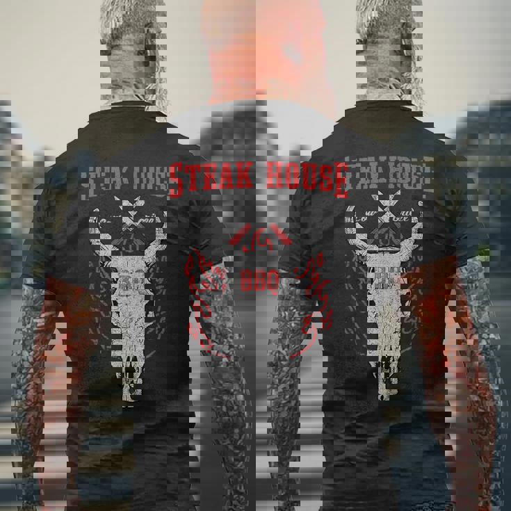 ステーキハウス Bbq バーベキュー グリル リブアイ ステーキハウス ディナー メンズTシャツ バックプリント 高齢者への贈り物