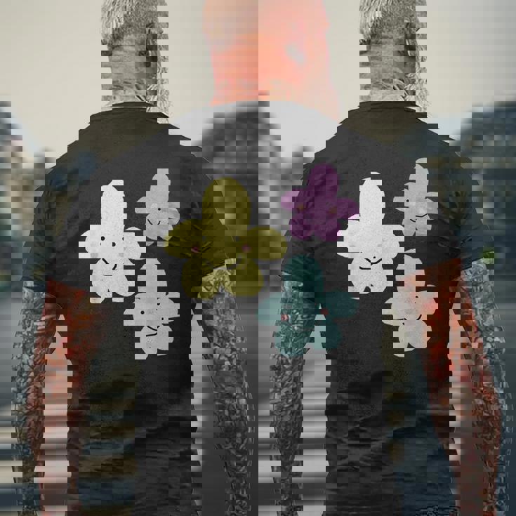 スマイリングフラワー イエロー ブルー パープル 楽しい春 メンズTシャツ バックプリント 高齢者への贈り物