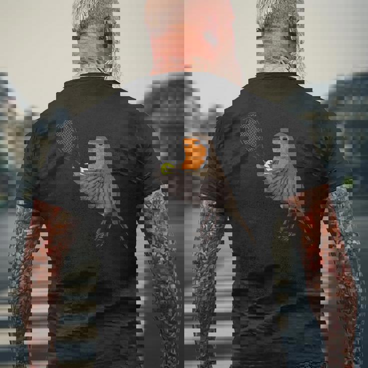 テニス ヨーロッパコマドリ 鳥 動物 図 バードウォッチング 贈り物 鳥類学者 生物学者 自然科学 メンズTシャツ バックプリント 高齢者への贈り物