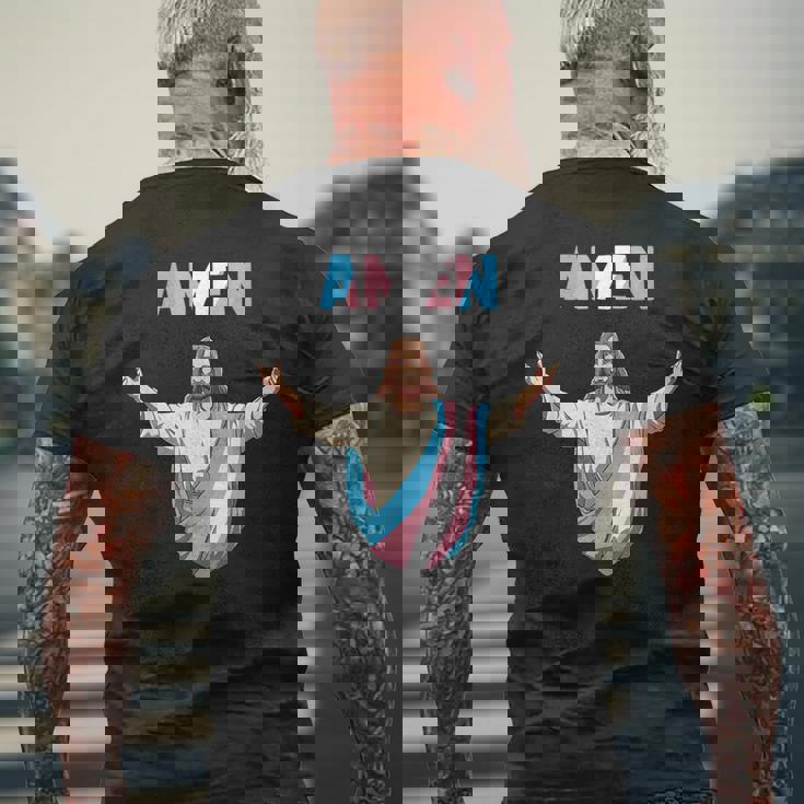 トランスジェンダー・ジーザス 誇りをもって信じ、信仰する。 メンズTシャツ バックプリント 高齢者への贈り物