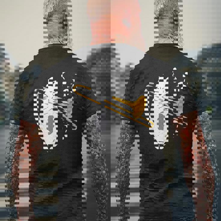 トロンボーン奏者 猫 トロンボーン奏者 音楽好き メンズTシャツ バックプリント 高齢者への贈り物