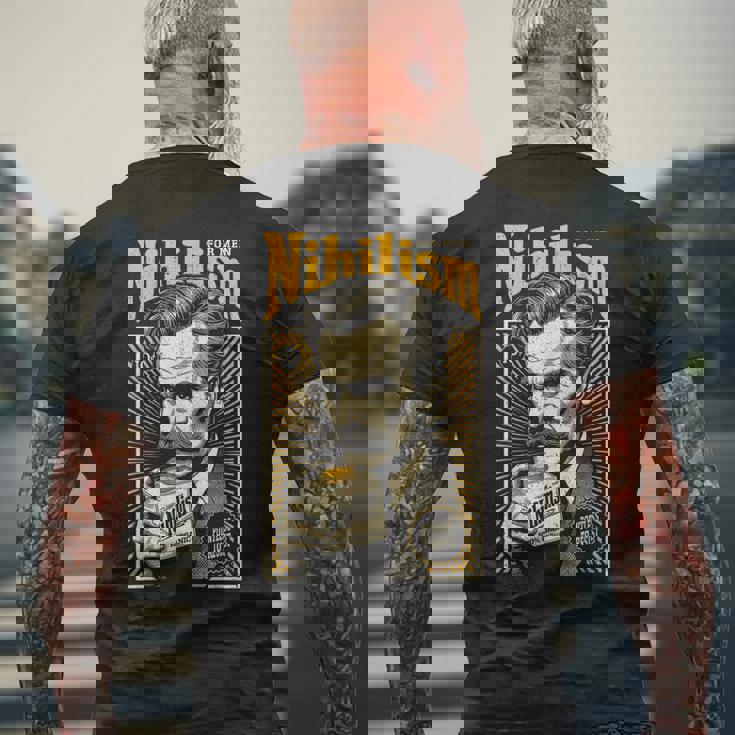 ニヒリズム 男性用 面白い ニーチェ哲学 ビンテージ広告 メンズTシャツ バックプリント 高齢者への贈り物