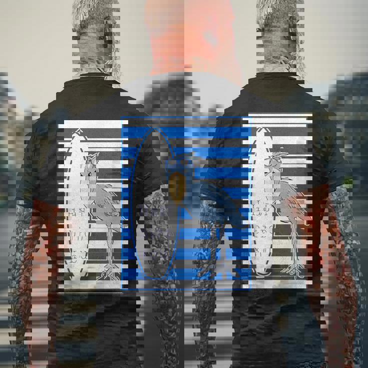 ハシビロコウさん 『サーフサイド・ボーダー』【どうぶつフレンズ】 サーファー／サーフボード 夏・面白 メンズTシャツ バックプリント 高齢者への贈り物