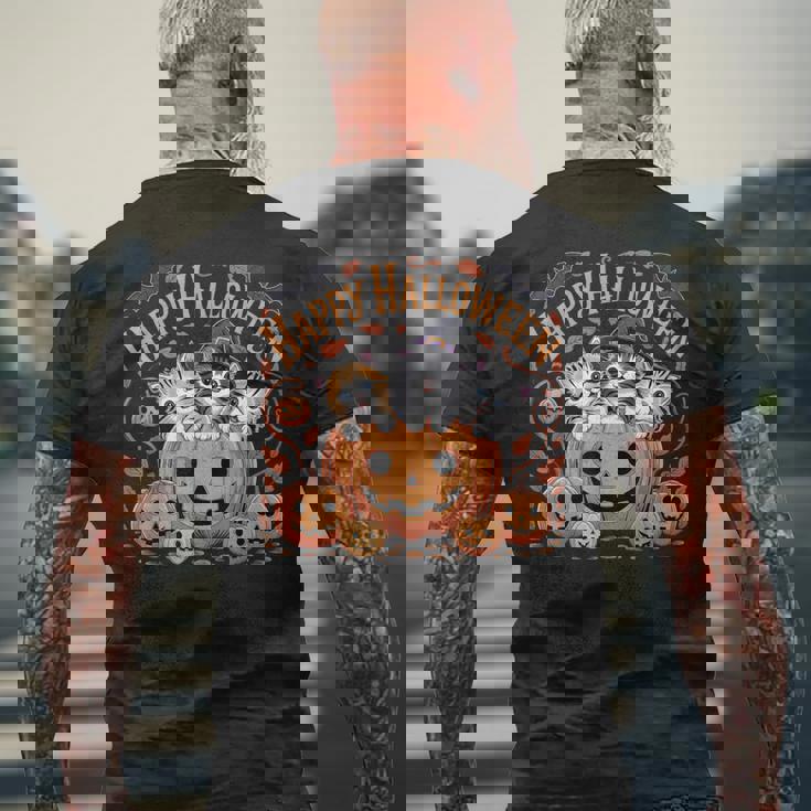 ハッピーハロウィン猫 パンプキン 魔女の帽子デザイン メンズTシャツ バックプリント 高齢者への贈り物