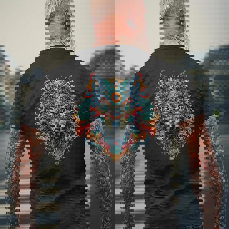 フラクタル スピリット アニマル オオカミ サイケデリック メンズTシャツ バックプリント 高齢者への贈り物