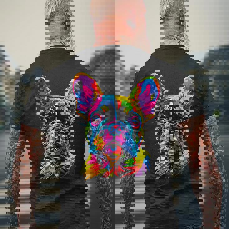 フレンチブルドッグ 犬 カラフル ポップアート レインボーカラー ブルドッグ メンズTシャツ バックプリント 高齢者への贈り物