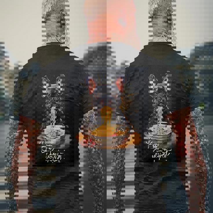 フレンチブルドッグ 食べる パスタ ボンアペティ カラフル ドッグアート メンズTシャツ バックプリント 高齢者への贈り物