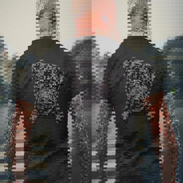 ブラック・パグ・ファニー・ピーキング・ポケット・パピー・ドッグ・ラバー 長袖tシャツ メンズTシャツ バックプリント 高齢者への贈り物