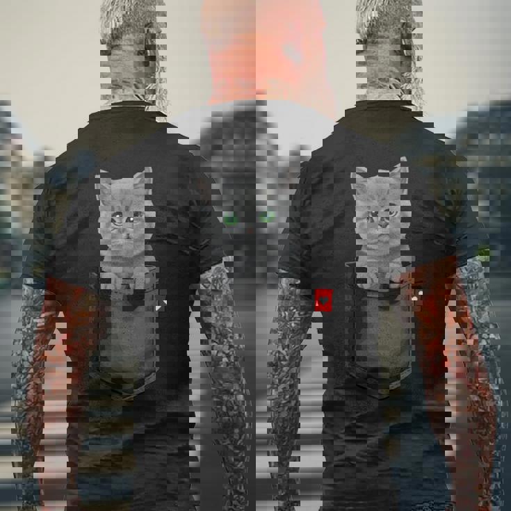 ブリティッシュショートヘア猫 ポケットの中 のぞくかわいい子猫 長袖tシャツ メンズTシャツ バックプリント 高齢者への贈り物