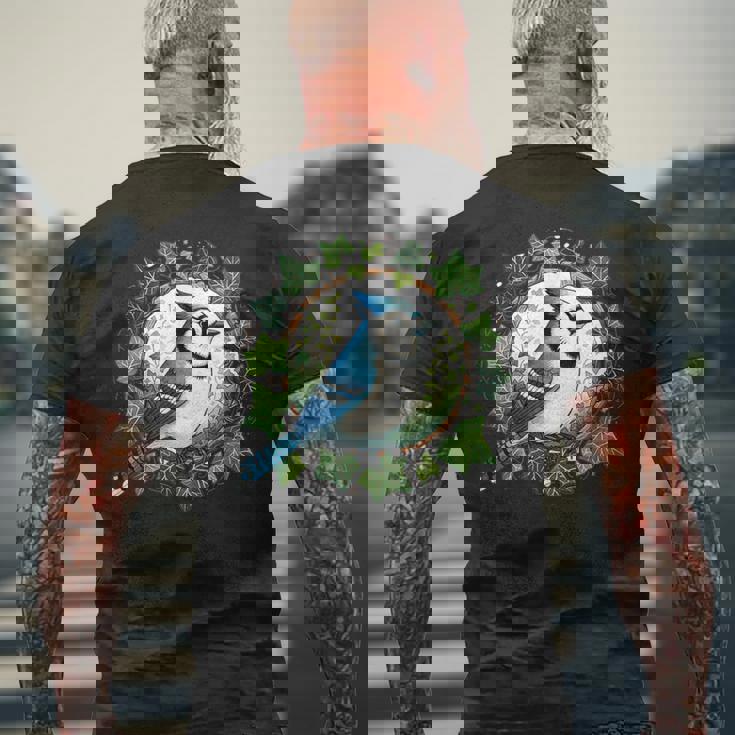 ブルージェイとイングリッシュアイビーバードアートブルージェイズイラスト メンズTシャツ バックプリント 高齢者への贈り物