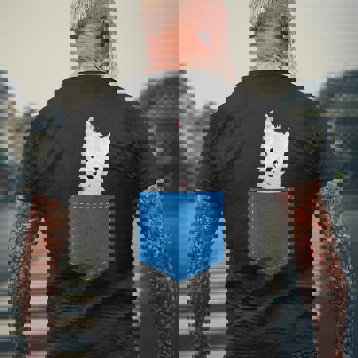 ポケットに犬のウェスティ犬テリアフロントポケット胸 メンズTシャツ バックプリント 高齢者への贈り物