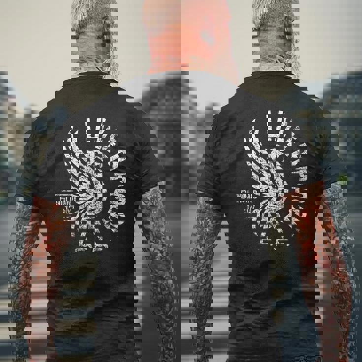 リバプール イングランド Est 1207 ラウンド ホワイト アンティーク調プリント メンズTシャツ バックプリント 高齢者への贈り物