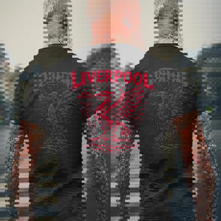 リバプール イングランド Zine インク 肝臓 鳥 レッドプリント メンズTシャツ バックプリント 高齢者への贈り物