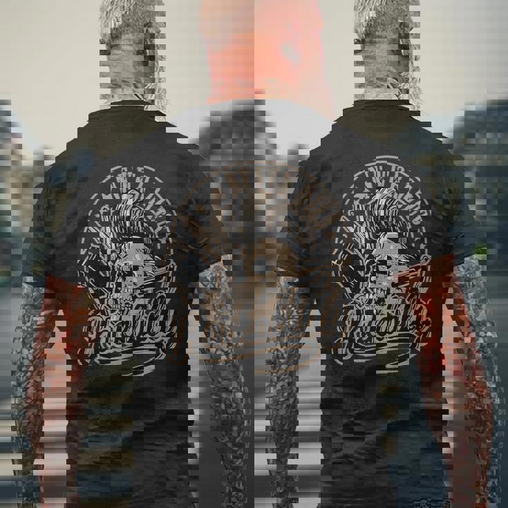 ロカビリーネバーダイスカルバーバーロッカー美容師 メンズTシャツ バックプリント 高齢者への贈り物