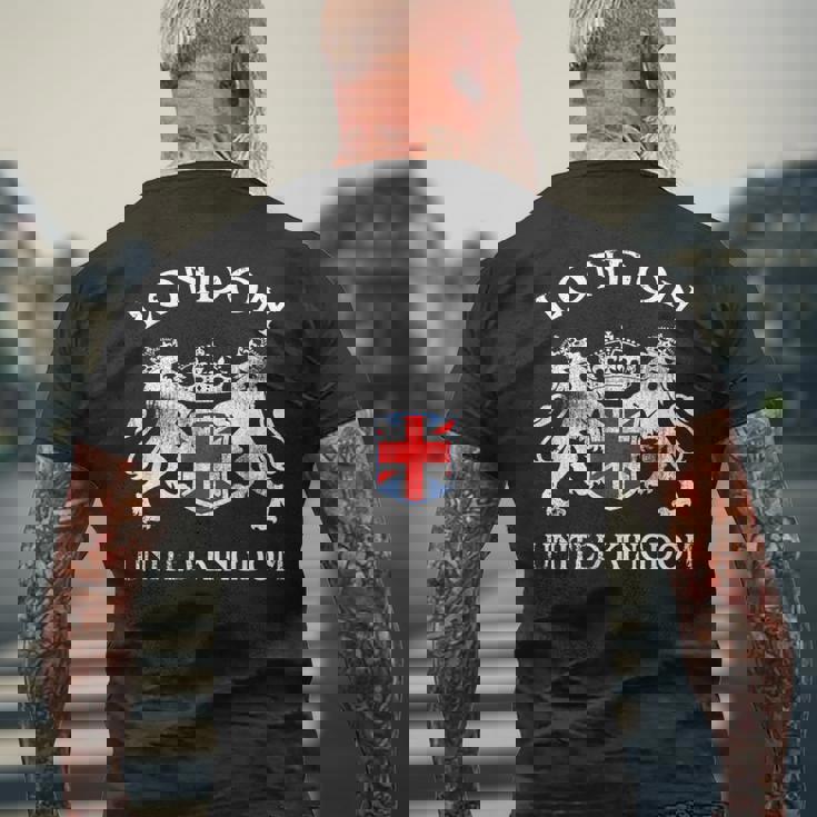 ロンドンのお土産 英国エンブレム 英国国旗 記念品 サイト メンズTシャツ バックプリント 高齢者への贈り物