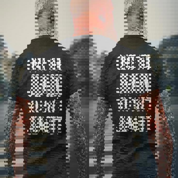 一度ジミンしたら、ジミンアウトはできない メンズTシャツ バックプリント 高齢者への贈り物