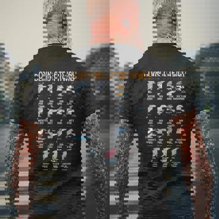 世界のイルカ 種チャート 教育 海洋生物 メンズTシャツ バックプリント 高齢者への贈り物