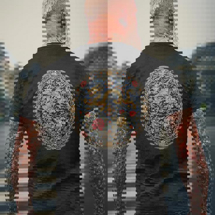 中国刺繍柄 龍 竜 ドラゴン 中国 清朝 ドラマ 牡丹 メンズTシャツ バックプリント 高齢者への贈り物