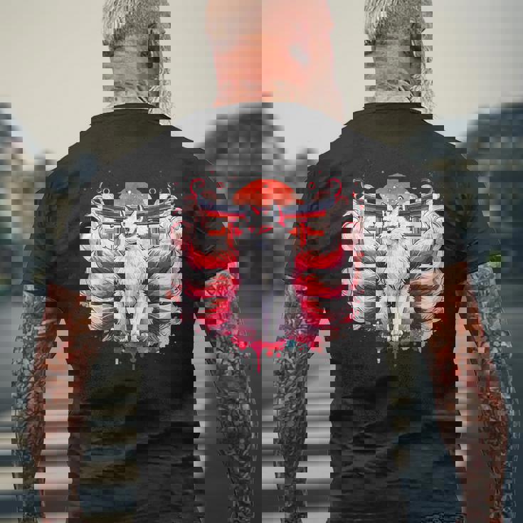 九尾狐 きつねと鳥居門 メンズTシャツ バックプリント 高齢者への贈り物