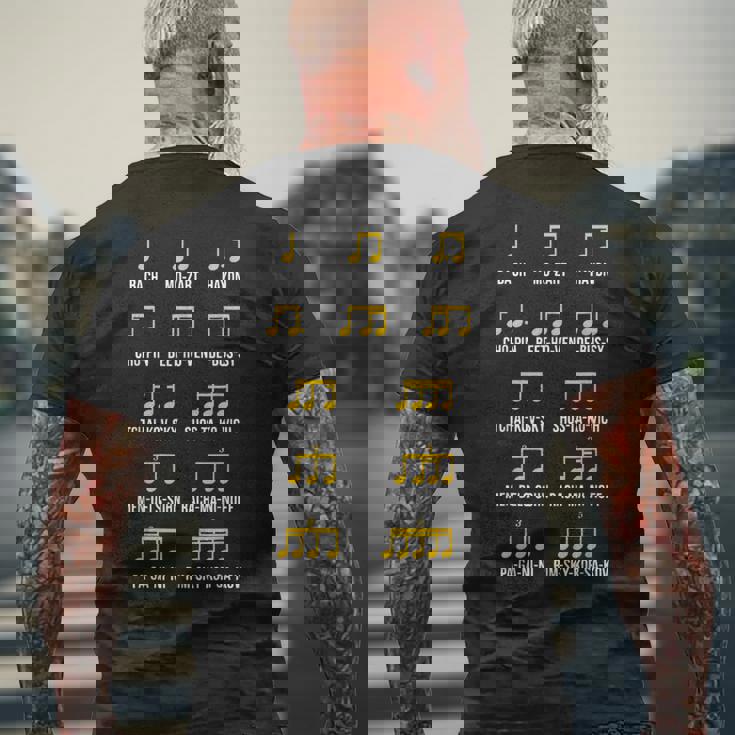 作曲家リズム音楽 バッハ・モーツァルト ベートーヴェン・ショパン メンズTシャツ バックプリント 高齢者への贈り物