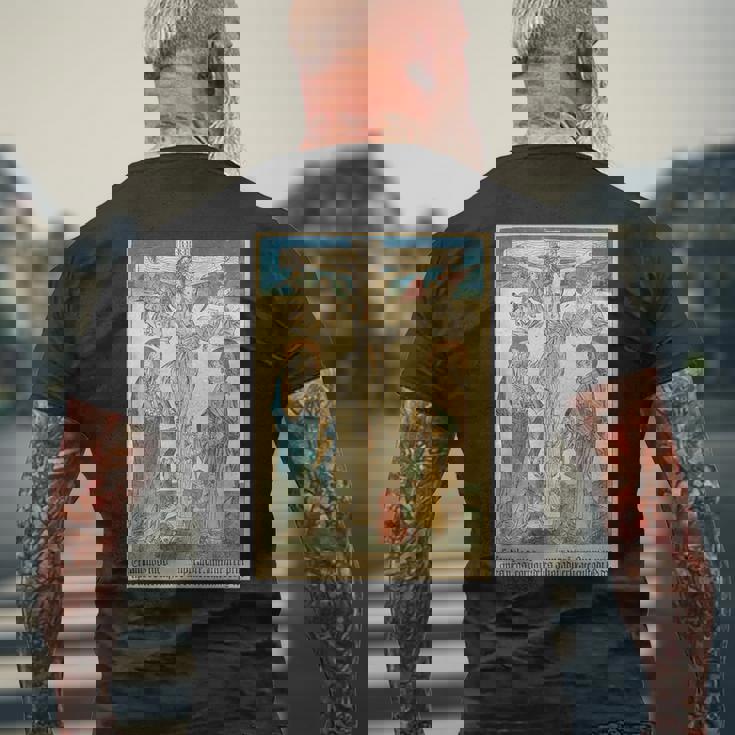 十字架上のイエス 中世美術 キリスト教 カトリック メンズTシャツ バックプリント 高齢者への贈り物